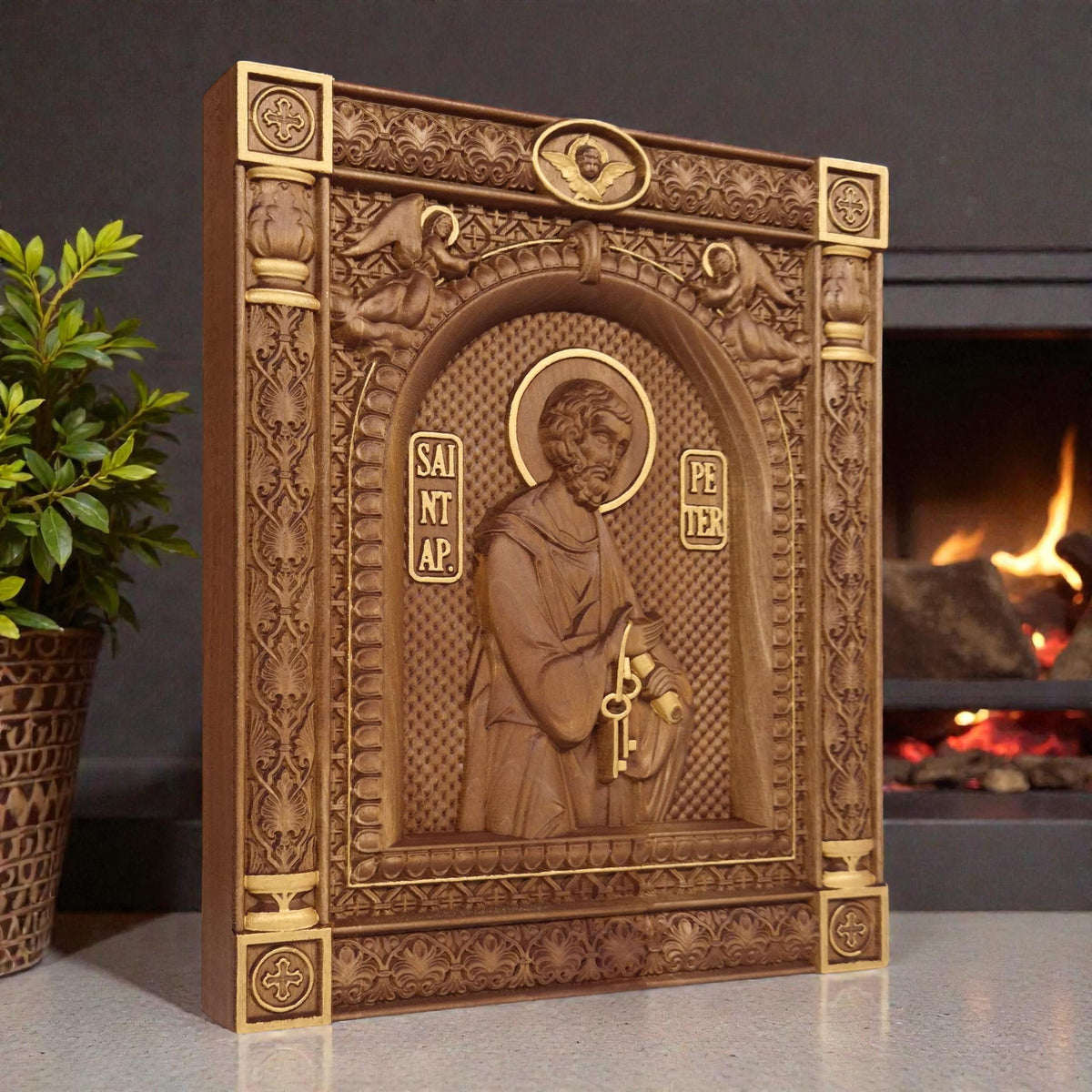 Saint Peter the Apostle Wooden Carved Handmade Christian Icon. Byzantine Greek Orthodox Home Art Decor.