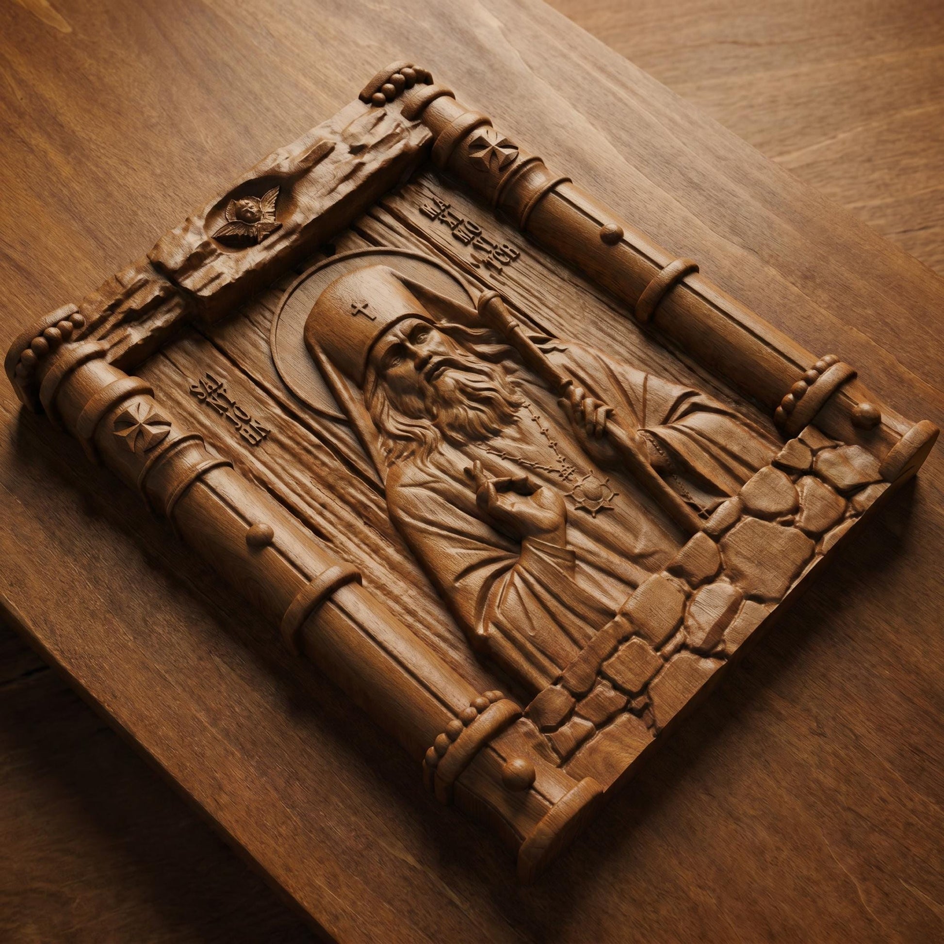 Saint John Maximovitch Wooden Carved Handmade Christian Icon Patron Saint of Orphans Flat Side Brown Oak Cretan Holy Carvings