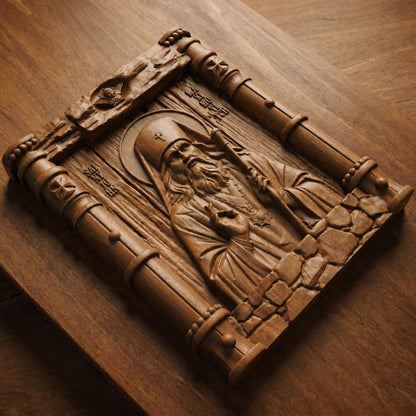 Saint John Maximovitch Wooden Carved Handmade Christian Icon Patron Saint of Orphans Flat Side Brown Oak Cretan Holy Carvings