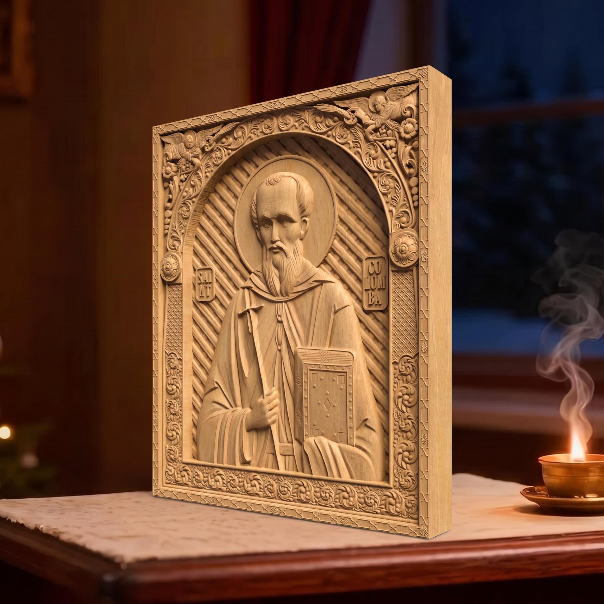 Saint Columba Wooden Carved Handmade Christian Icon | Byzantine Greek Orthodox Home Art Decor