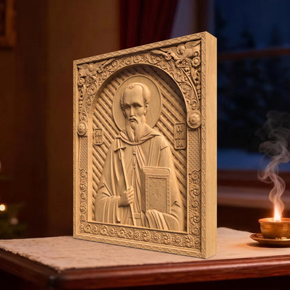 Saint Columba Wooden Carved Handmade Christian Icon | Byzantine Greek Orthodox Home Art Decor