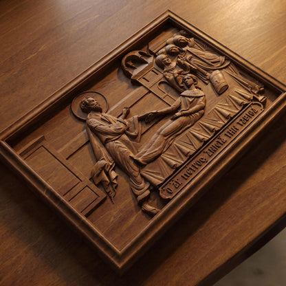 Apostle Peter Raising Tabitha Wooden Carved Handmade Christian Icon | Byzantine Greek Orthodox Home Art Decor Cretan Holy Carvings