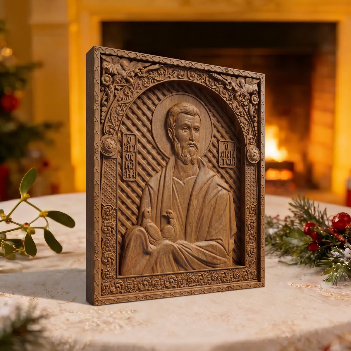 Saint Joseph the Betrothed Wooden Carved Handmade Christian Icon | Byzantine Greek Orthodox Home Art Decor