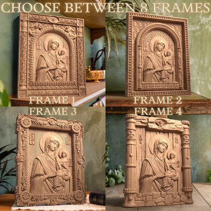 Saint Anne Mother of God Wooden Carved Handmade Christian Icon. Byzantine Greek Orthodox Decor.
