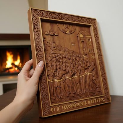 Forty Martyrs of Sebaste Wooden Carved Handmade Christian Icon. Byzantine Greek Orthodox Home Decor.