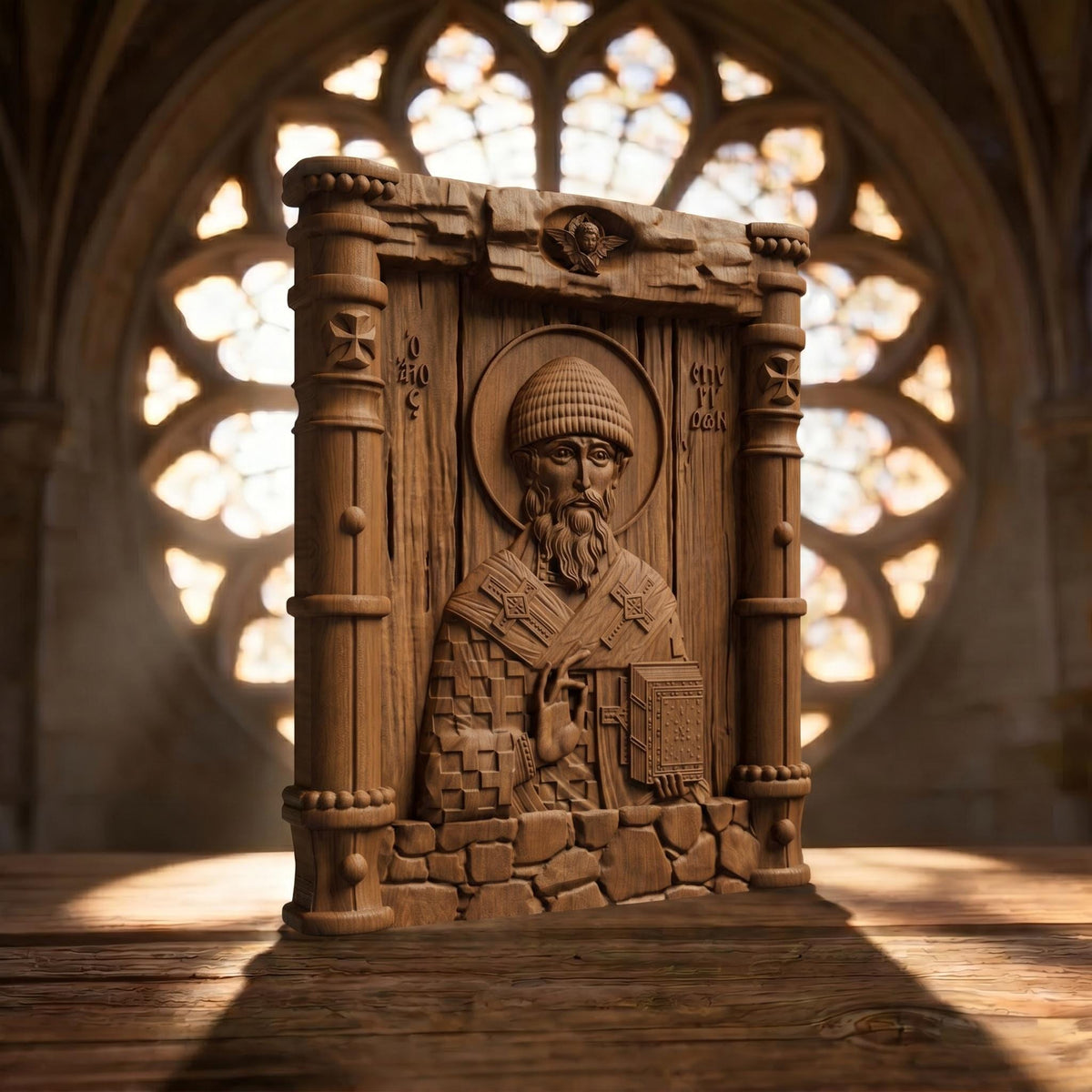 Saint Spyridon Wooden Carved Handmade Christian Icon Patron Saint of Farmers Left Side Brown Oak Cretan Holy Carvings