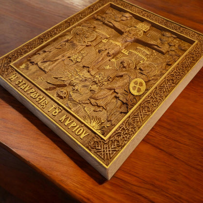 Crucifixion of Jesus Christ Wooden Carved Handmade Christian Icon. Byzantine Greek Orthodox Home Decor.