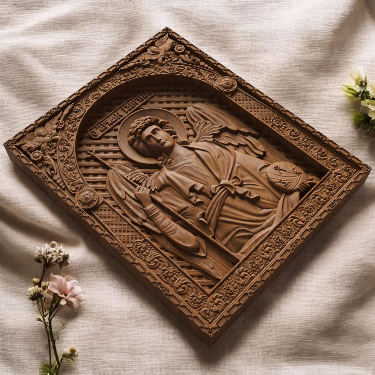 Archangel Gabriel Wooden Carved Handmade Christian Icon | Byzantine Greek Orthodox Home Art Decor