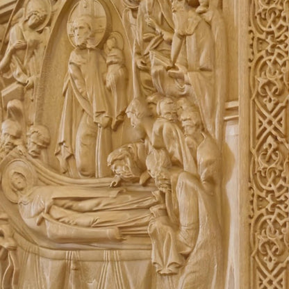Dormition of the Mother of God Wooden Carved Handmade Christian Icon. Byzantine Greek Decor.