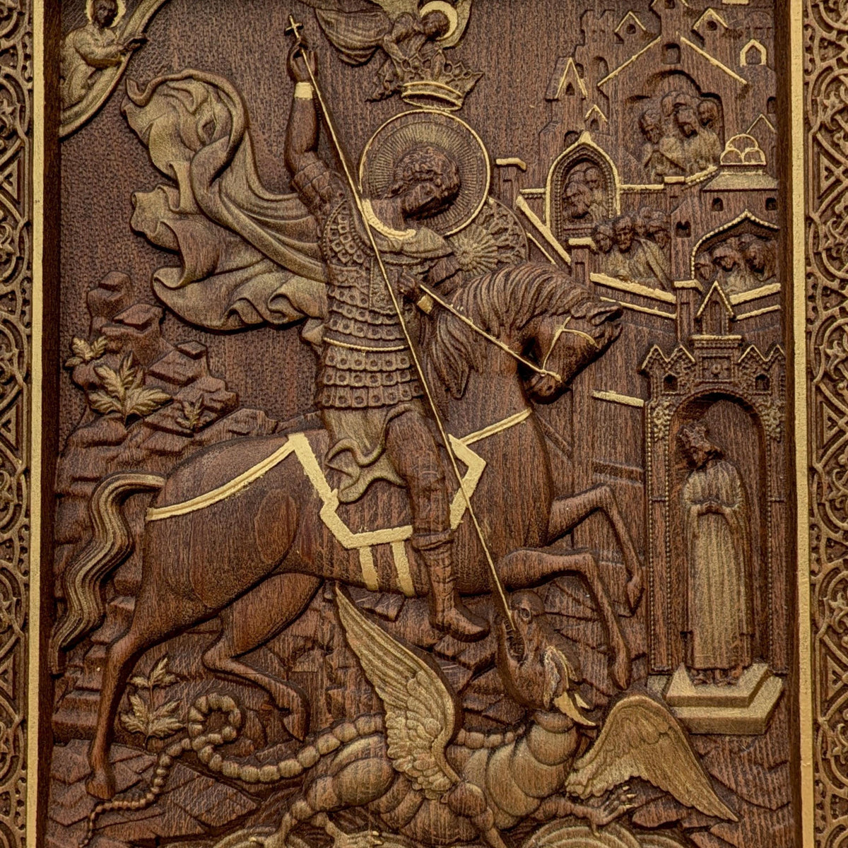 Saint George Wooden Carved Handmade Christian Icon. Byzantine Greek Orthodox Home Art Decor.