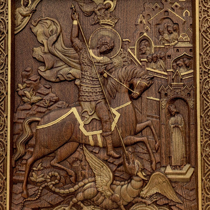 Saint George Wooden Carved Handmade Christian Icon. Byzantine Greek Orthodox Home Art Decor.