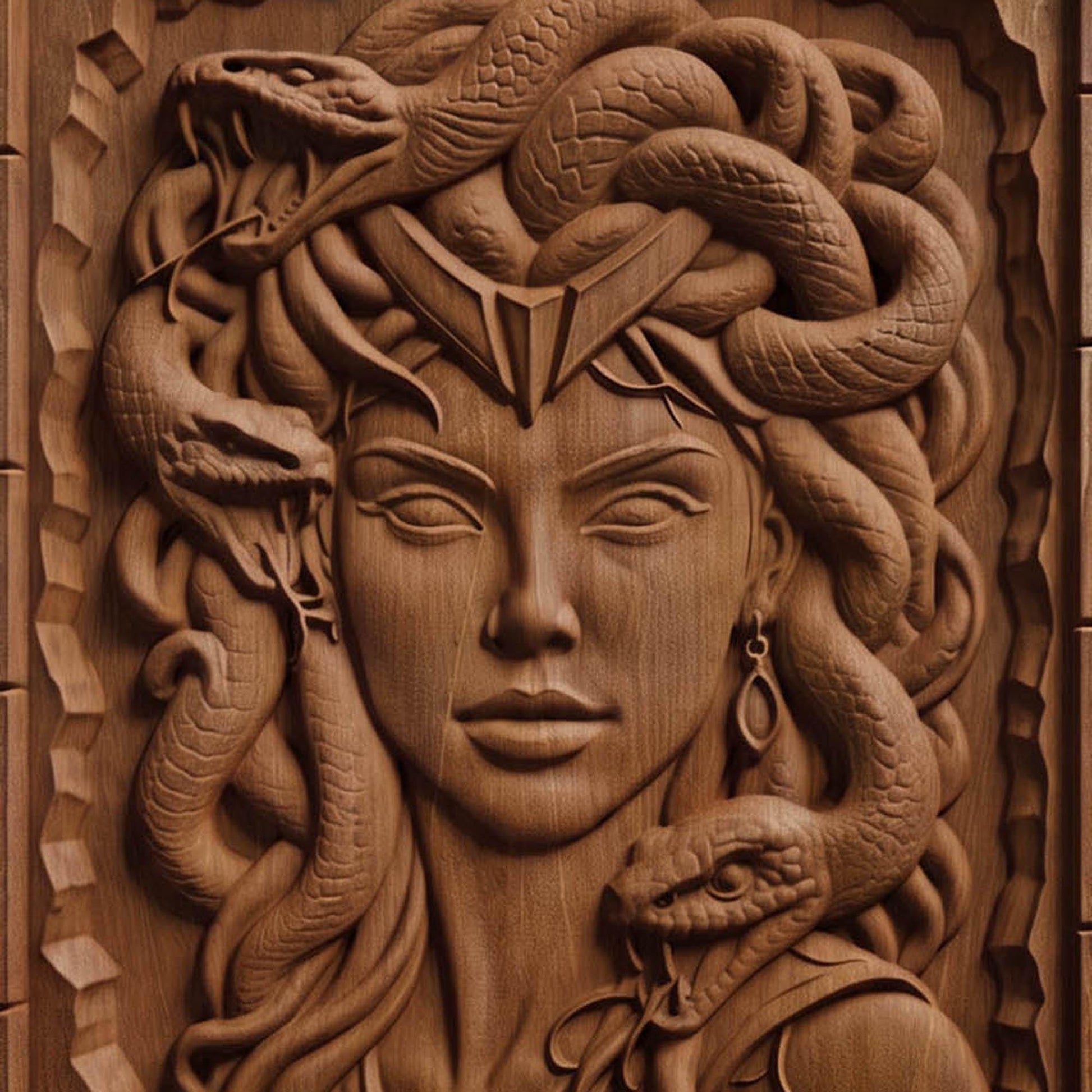 Beautiful Medusa from Ancient Greek Mythology 3D Wooden Bas Relief Panel Art Sculptural Gift Idea Cretan Holy Carvings