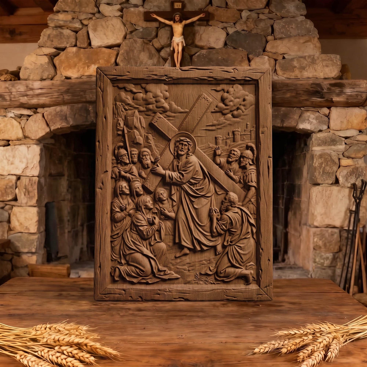 The Way to Mount Golgotha Wooden Carved Handmade Christian Icon  Byzantine Greek Orthodox Home Decor Cretan Holy Carvings