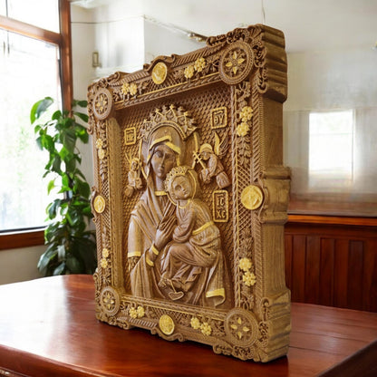Virgin Mary of Perpetual Help Wooden Carved Handmade Christian Icon. Byzantine Greek Orthodox Decor.