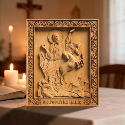Prophet Elijah Wooden Carved Handmade Christian Icon Patron Saint of Bosnia and Herzegovina  Front Side Natural Wood Color Cretan Holy Carvings