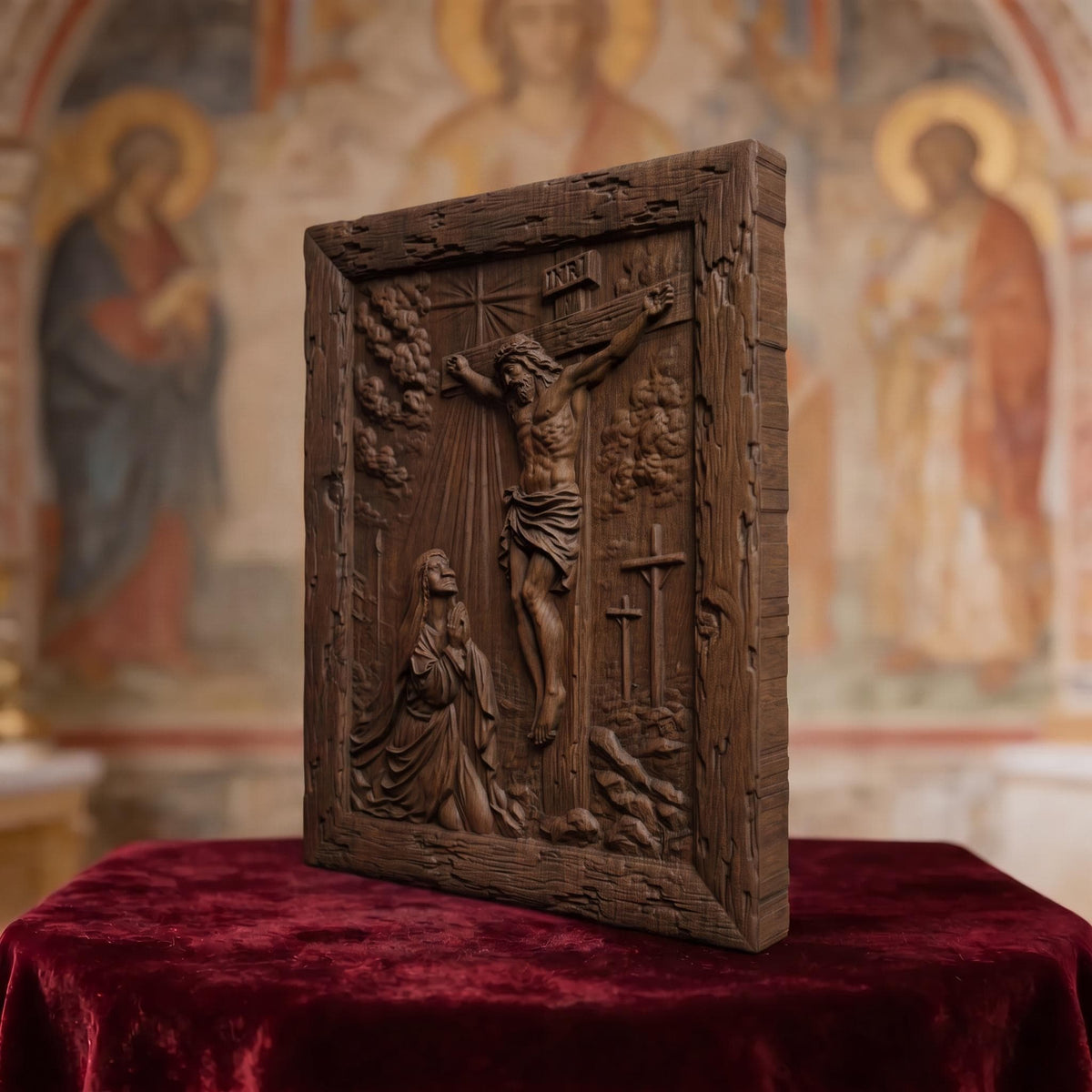 Mother Mary Under the Cross Wooden Carved Handmade Christian Icon  Byzantine Greek Orthodox Home Decor Cretan Holy Carvings