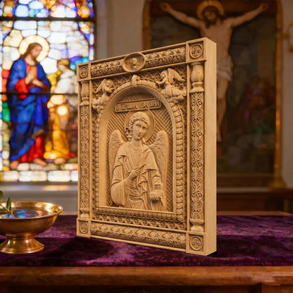 Archangel Raphael Wooden Carved Handmade Christian Icon | Byzantine Greek Orthodox Home Art Decor
