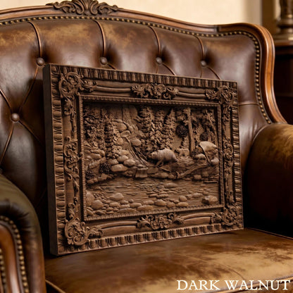 Bear in the Forest Framed Bas Relief | Wooden Bear Carving | Sculptural Gift Idea