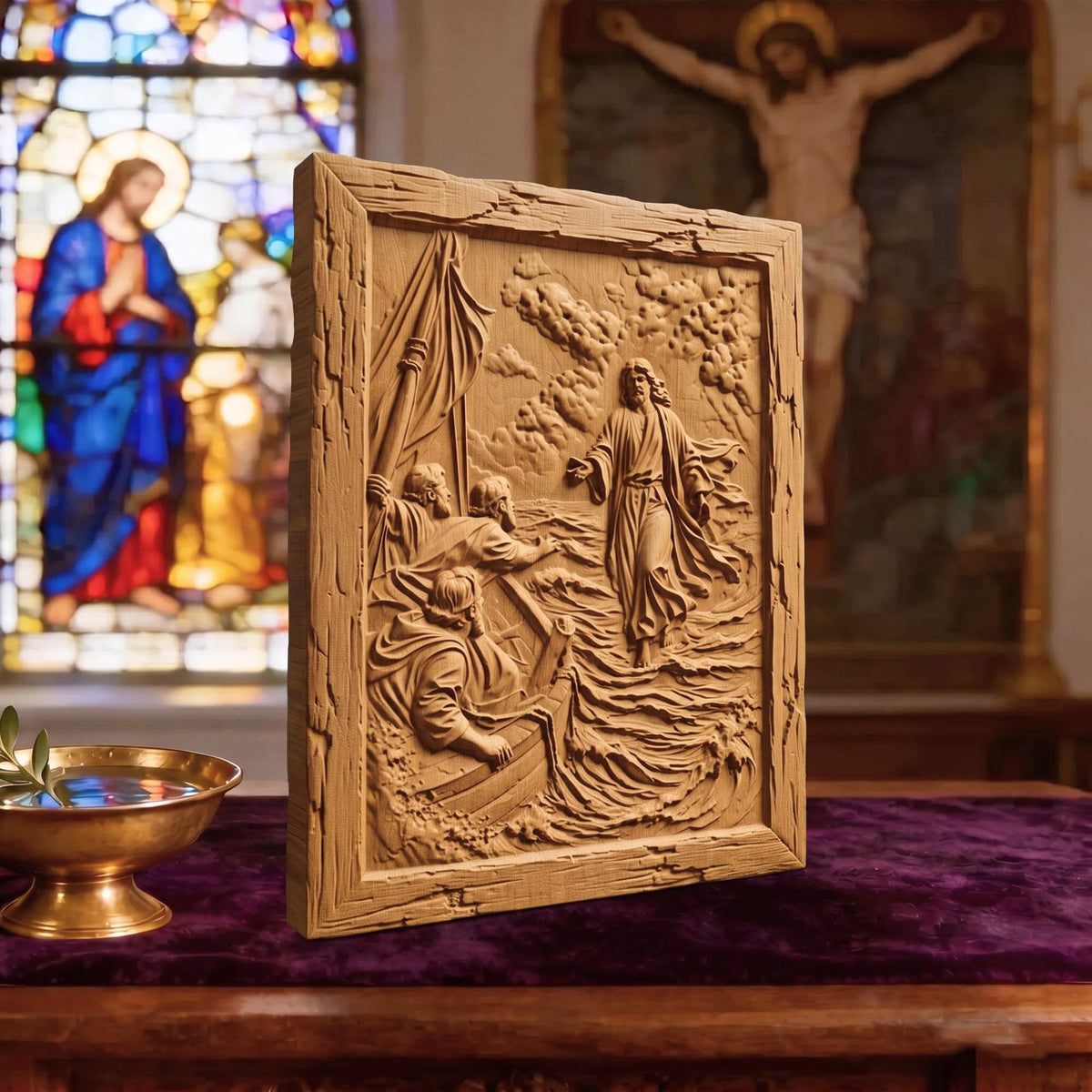 Jesus Christ Walks on Water Wooden Carved Handmade Christian Icon  Byzantine Greek Orthodox Home Decor Cretan Holy Carvings