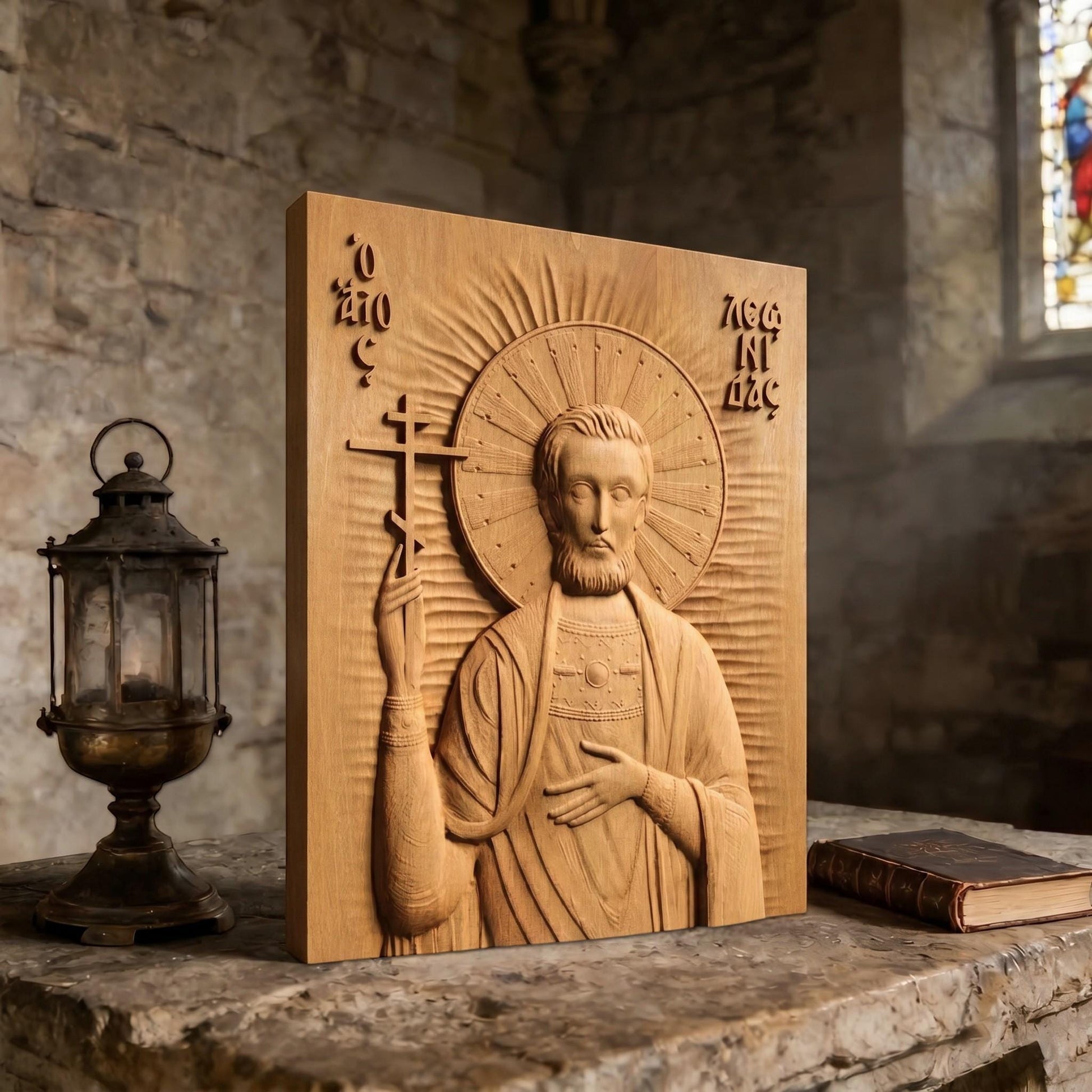 Saint Leonidas Wooden Carved Handmade Christian Icon Left Side Natural Wood Color Cretan Holy Carvings