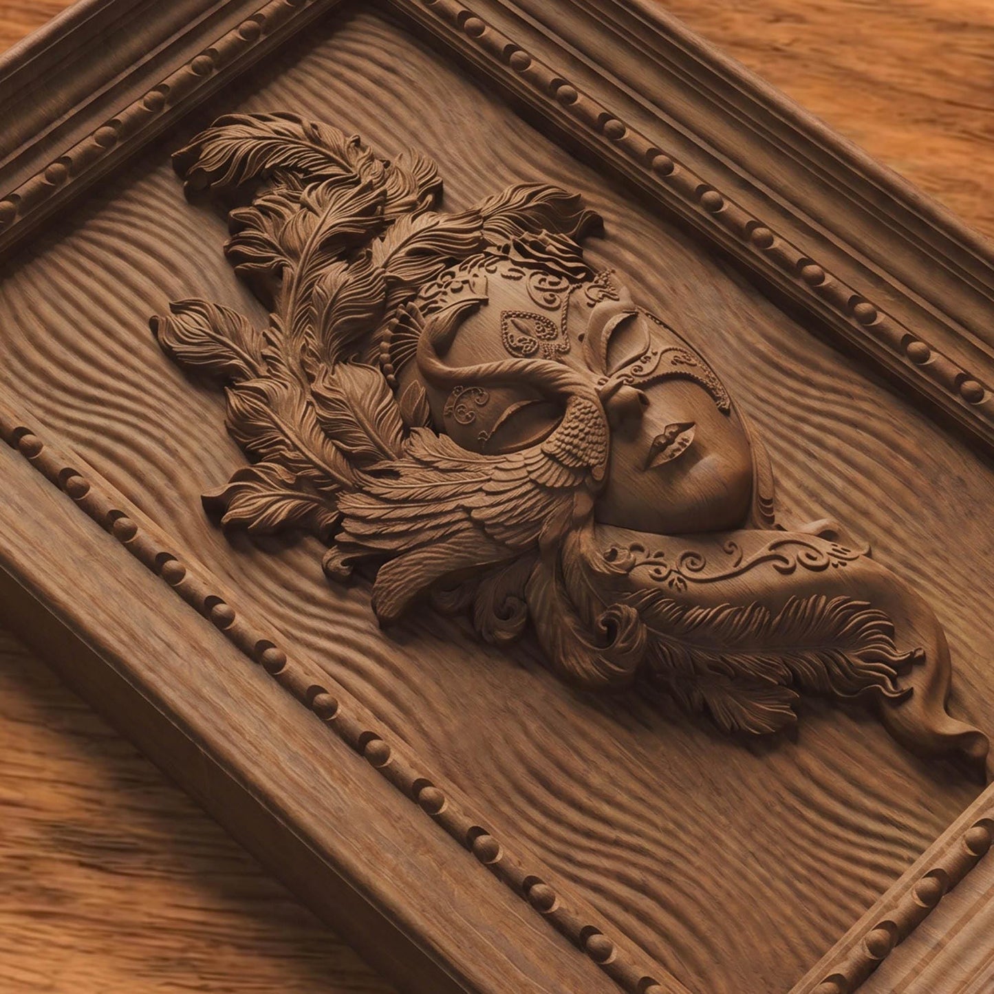 Masked Girl Wooden Bas Relief | Wood Panel Art | Sculptural Gift Idea