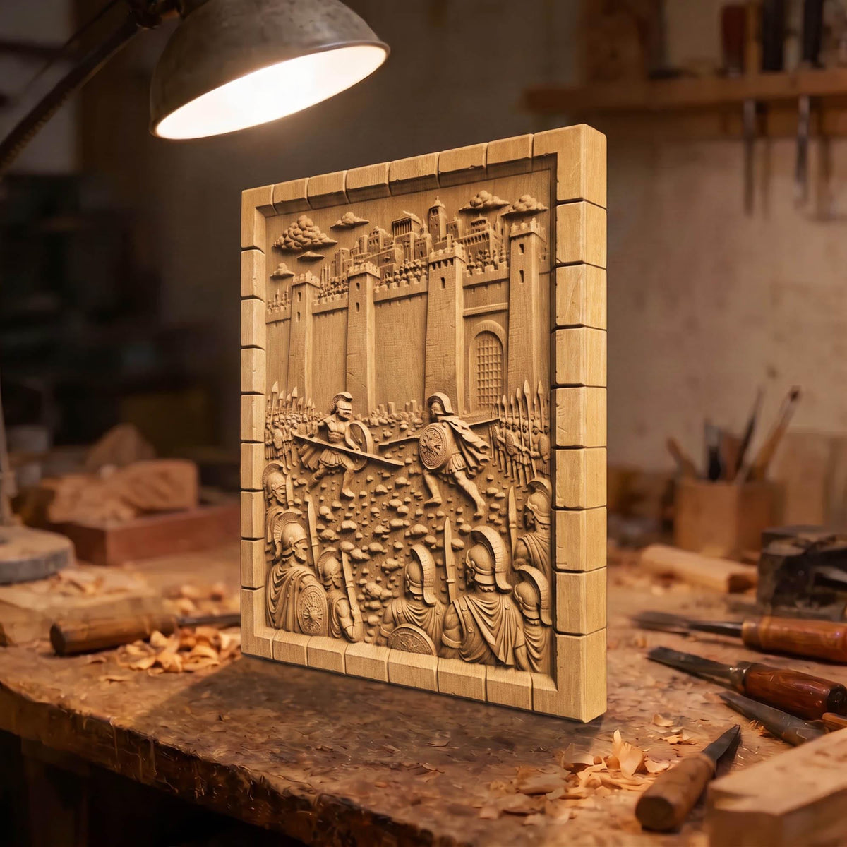 Achilles Fights Hector of Troy 3D Wooden Bas Relief Panel Art Sculptural Gift Idea Cretan Holy Carvings