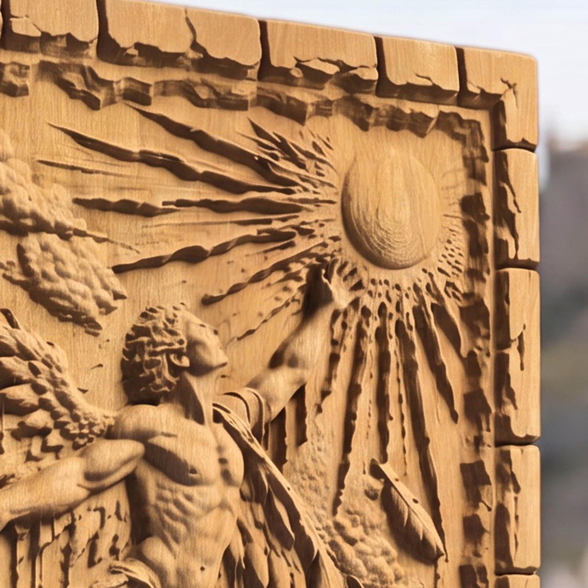 Icarus Melting Wings from Ancient Greek Mythology 3D Wooden Bas Relief Panel Art Sculptural Gift Idea Cretan Holy Carvings