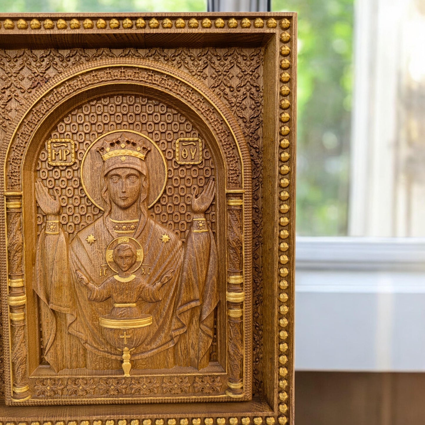 Virgin Mary Fountain of Life Wooden Carved Handmade Christian Icon. Byzantine Greek Home Decor.
