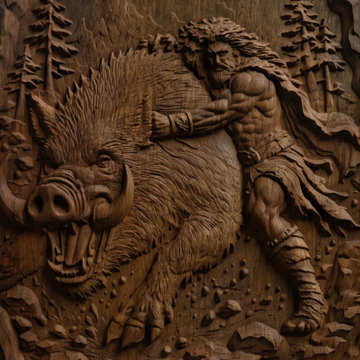 Hercules Fighting the Wild Boar from Ancient Greek Mythology 3D Wooden Bas Relief Panel Art Sculptural Gift Idea Cretan Holy Carvings
