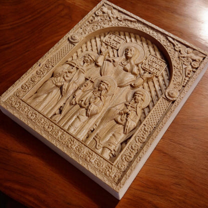 Saints Sophia Faith Hope Love Wooden Carved Handmade Christian Icon. Byzantine Greek Orthodox Decor.