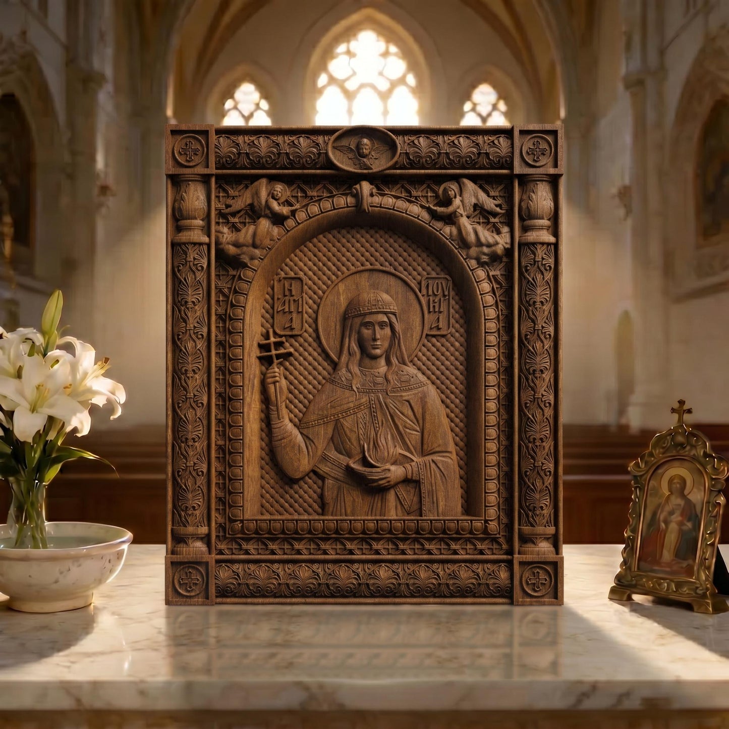 Saint Lucy Patron Saint of Blindness Wooden Carved Handmade Christian Icon | Byzantine Greek Orthodox Home Art Decor