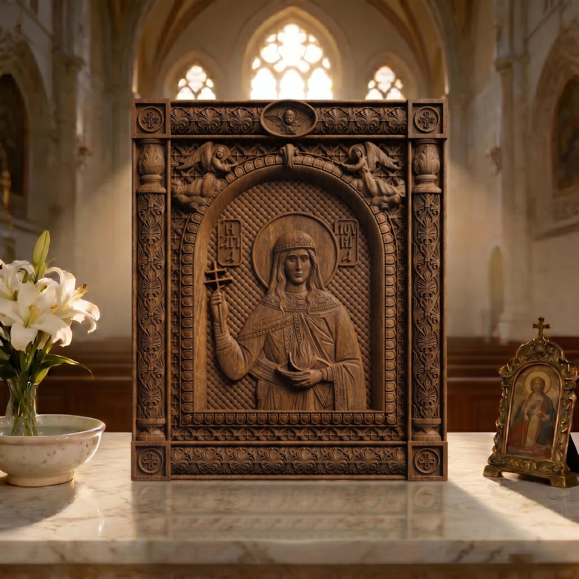 Saint Lucy Patron Saint of Blindness Wooden Carved Handmade Christian Icon | Byzantine Greek Orthodox Home Art Decor