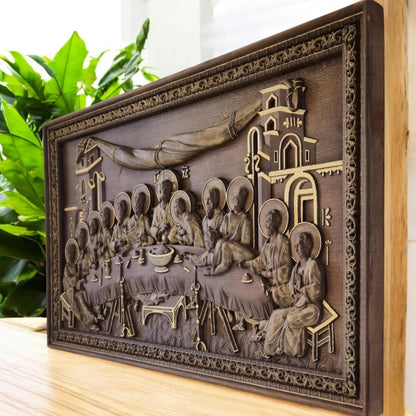 Last Supper Wooden Carved Handmade Christian Icon | Byzantine Greek Orthodox Home Art Decor