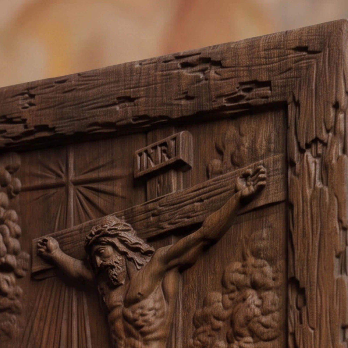 Mother Mary Under the Cross Wooden Carved Handmade Christian Icon  Byzantine Greek Orthodox Home Decor Cretan Holy Carvings