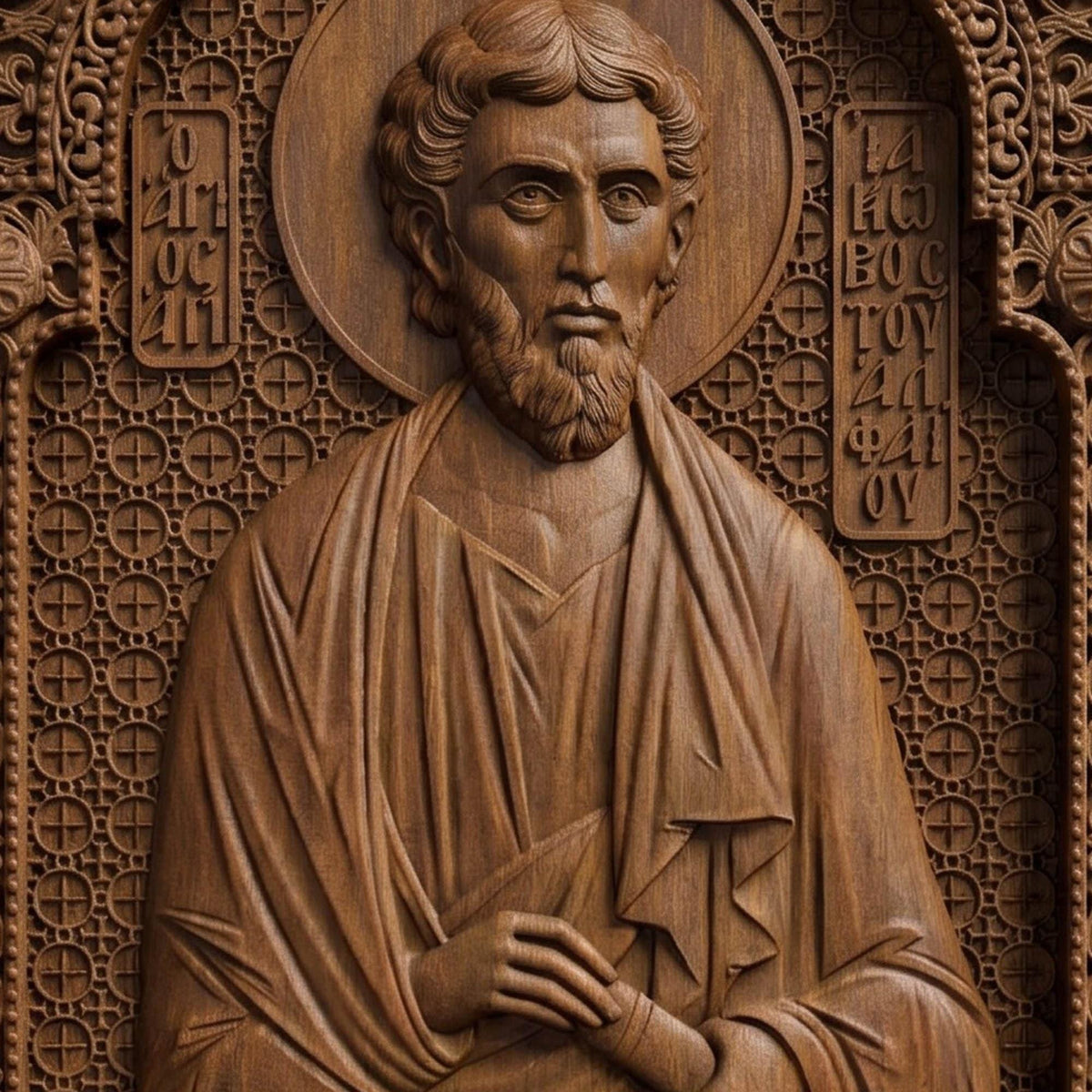 Saint James of Alphaeus the Apostle Wooden Carved Handmade Christian Icon Patron Saint of Pharmacists Front Side Brown Oak Cretan Holy Carvings