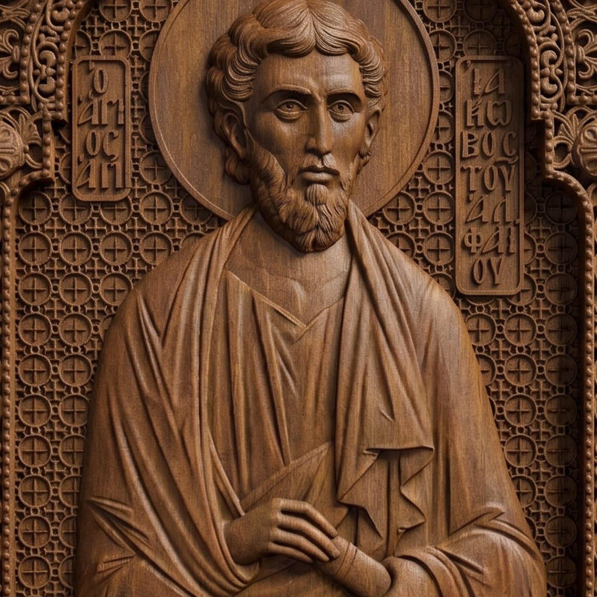 Saint James of Alphaeus the Apostle Wooden Carved Handmade Christian Icon Patron Saint of Pharmacists Front Side Brown Oak Cretan Holy Carvings