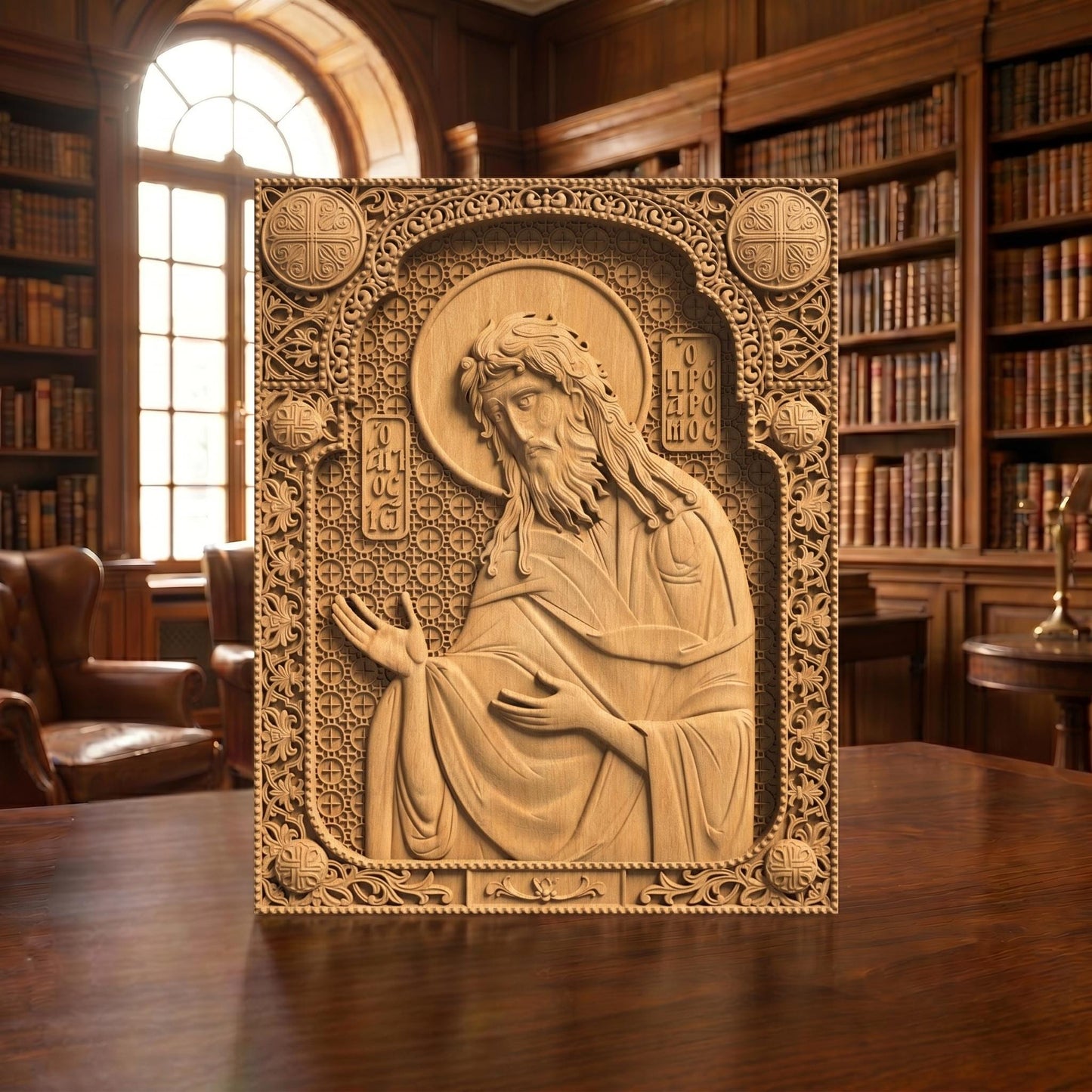 Saint John the Baptist Wooden Carved Handmade Christian Icon Front Side Natural Wood Color Cretan Holy Carvings