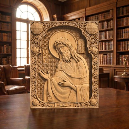 Saint John the Baptist Wooden Carved Handmade Christian Icon Front Side Natural Wood Color Cretan Holy Carvings