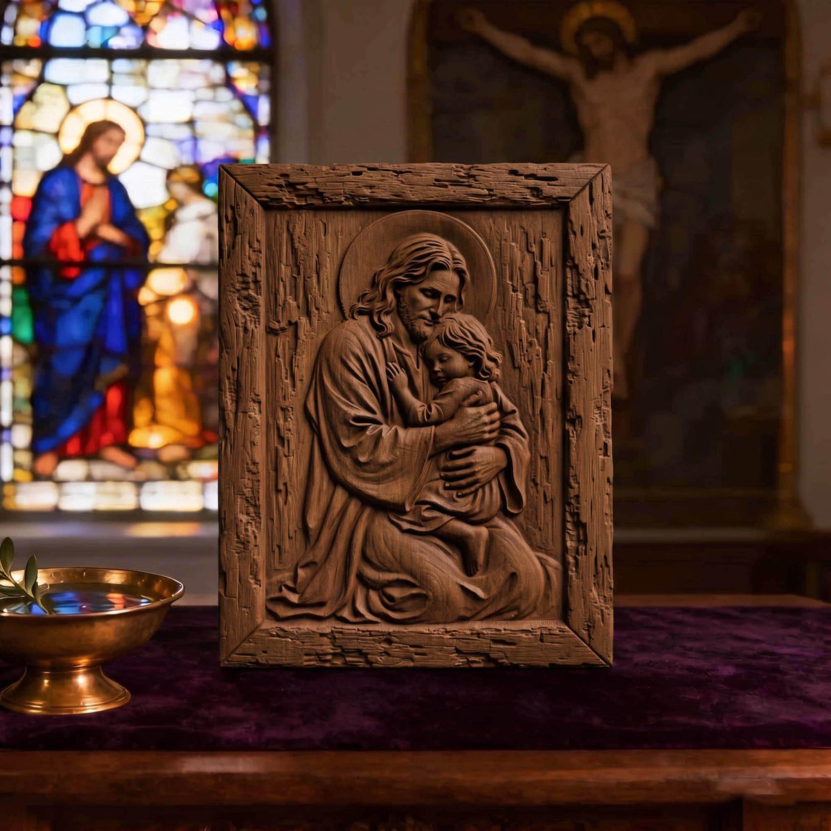 Jesus Holding Child Wooden Carved Handmade Christian Icon | Byzantine Greek Orthodox Home Decor