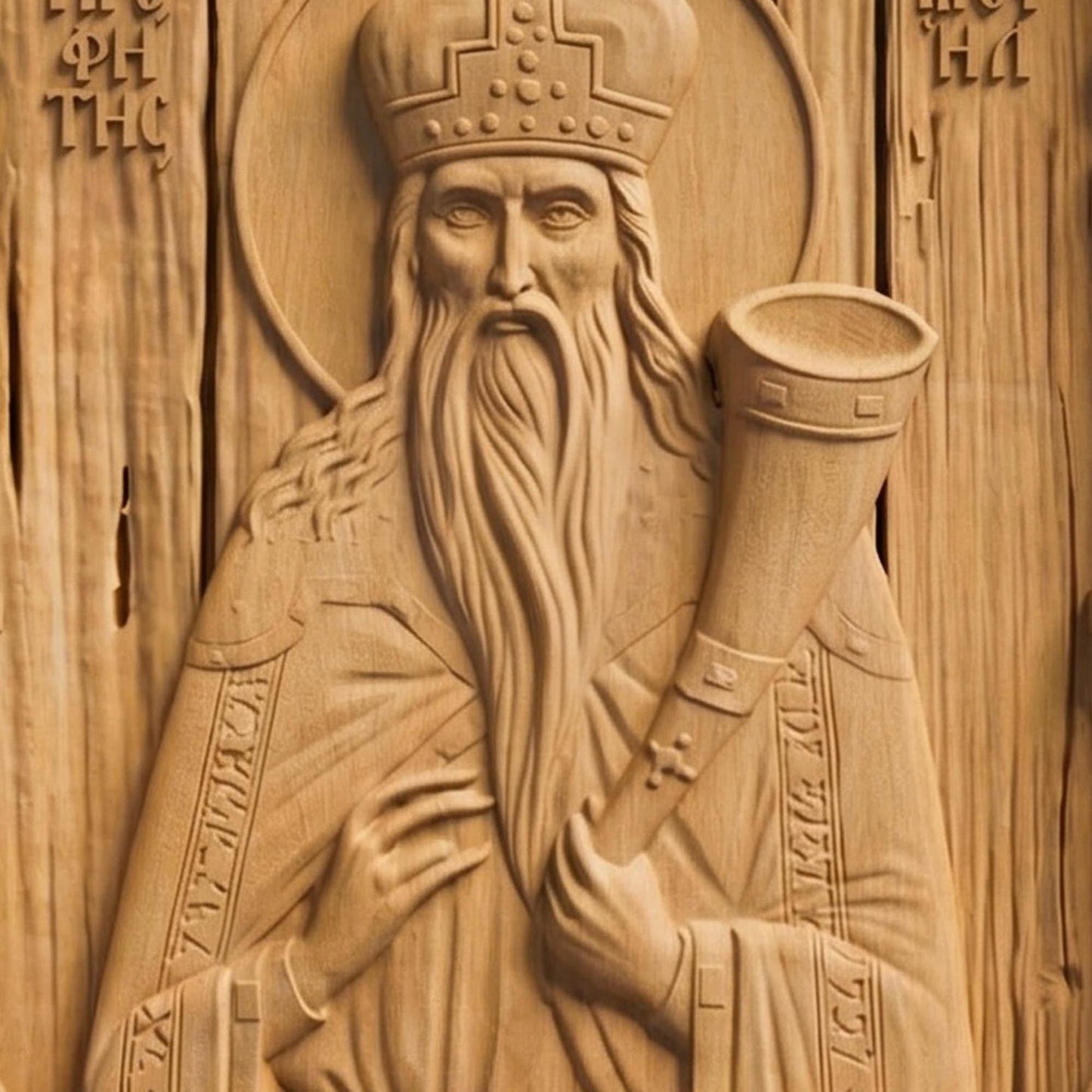 Prophet Samuel Wooden Carved Handmade Christian Icon Front Side Natural Wood Color Cretan Holy Carvings