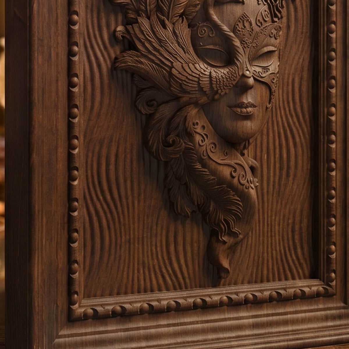 Masked Girl Wooden Bas Relief | Wood Panel Art | Sculptural Gift Idea