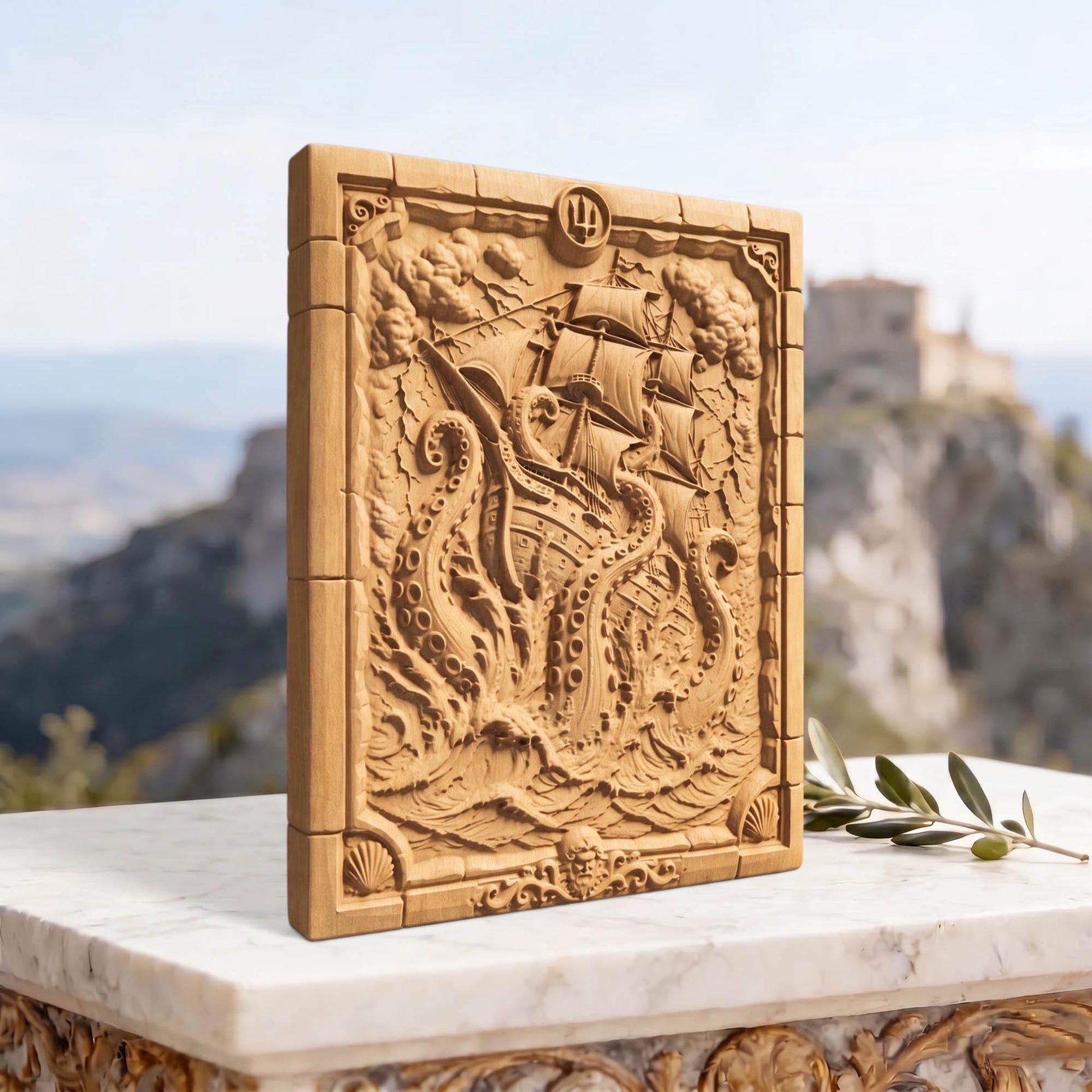Kraken Drawing a Ship from Ancient Greek Mythology 3D Wooden Bas Relief Panel Art Sculptural Gift Idea Cretan Holy Carvings