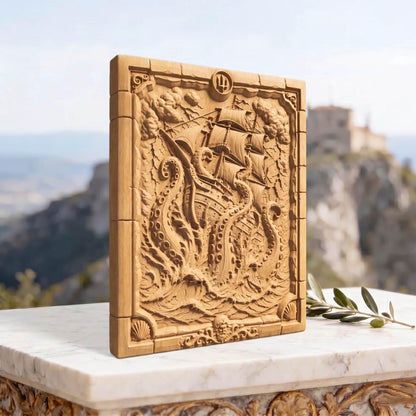 Kraken Drawing a Ship from Ancient Greek Mythology 3D Wooden Bas Relief Panel Art Sculptural Gift Idea Cretan Holy Carvings