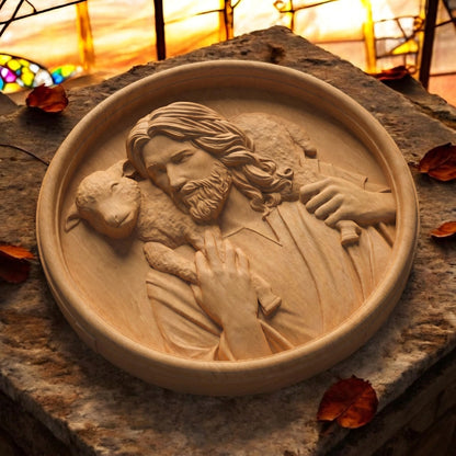 Jesus Christ Carrying Lamb Plate Wooden Carved Handmade Christian Icon Flat Side Natural Wood Color Cretan Holy Carvings