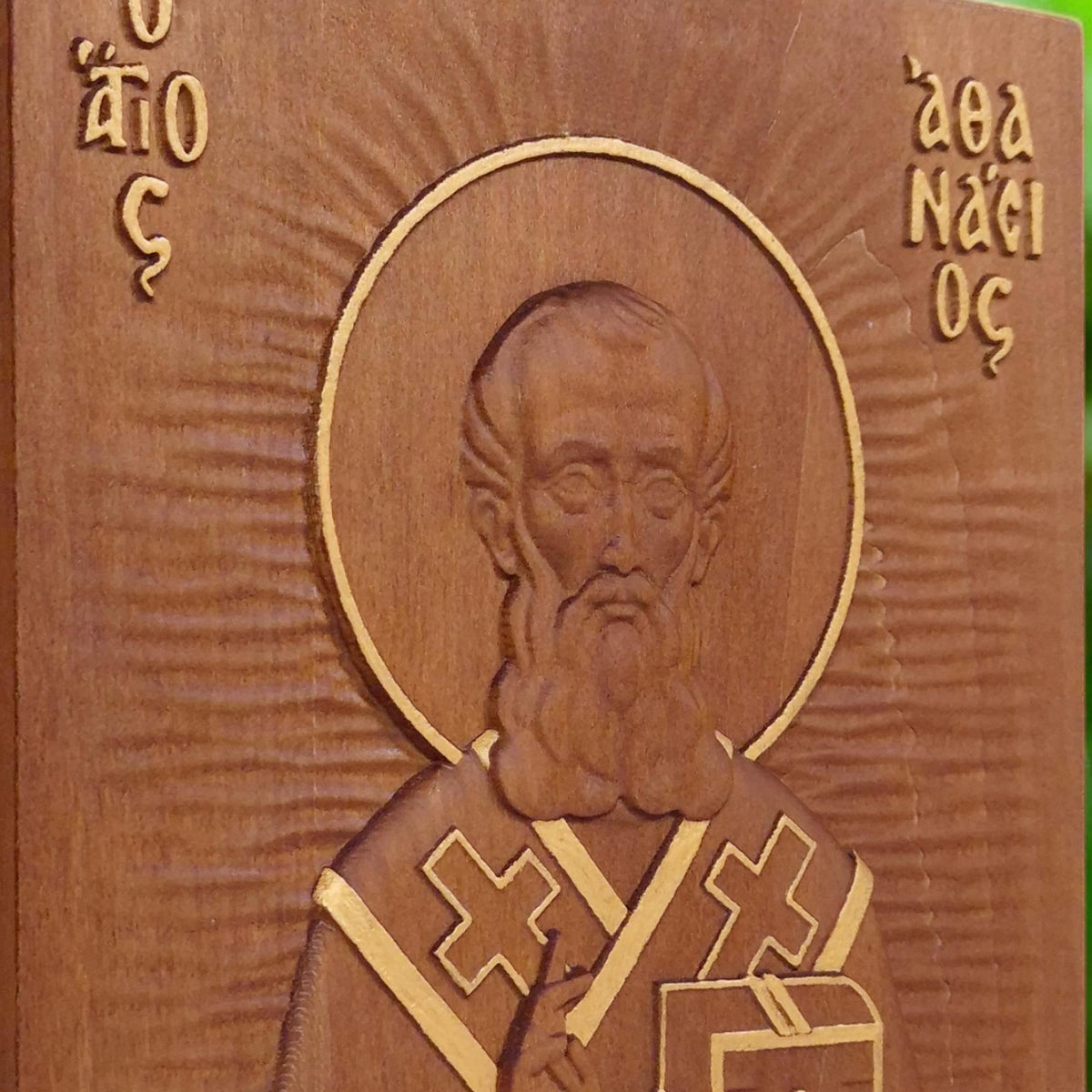 Saint Athanasius of Alexandria Wooden Carved Handmade Christian Icon. Byzantine Greek Orthodox Home Decor.