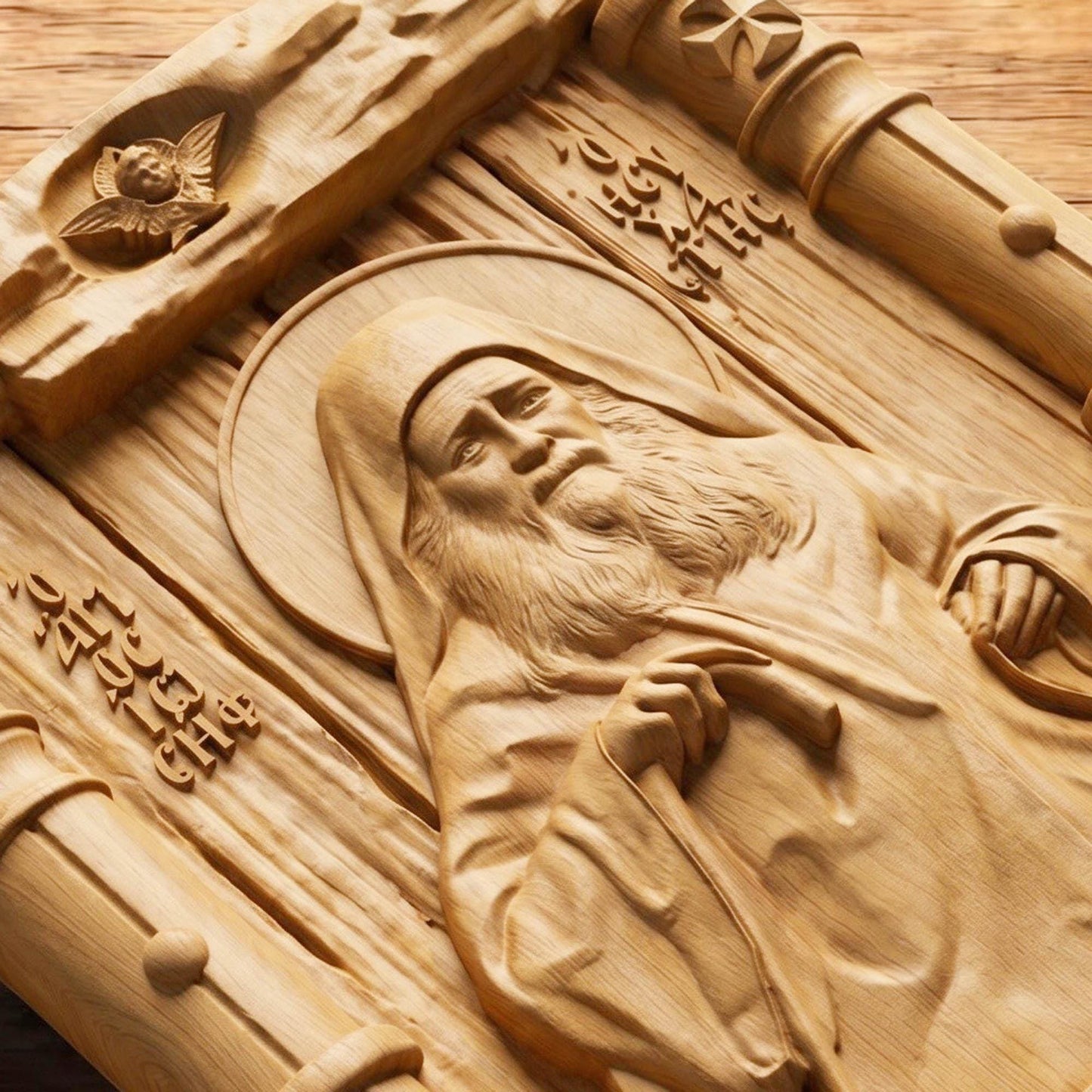 Saint Joseph the Hesychast Wooden Carved Handmade Christian Icon Flat Side Natural Wood Color Cretan Holy Carvings