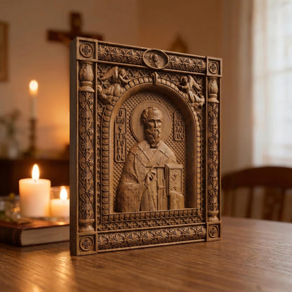 Saint Gregory the Theologian  Patron Saint of Students and Teachers Left Side Brown Oak Cretan Holy Carvings