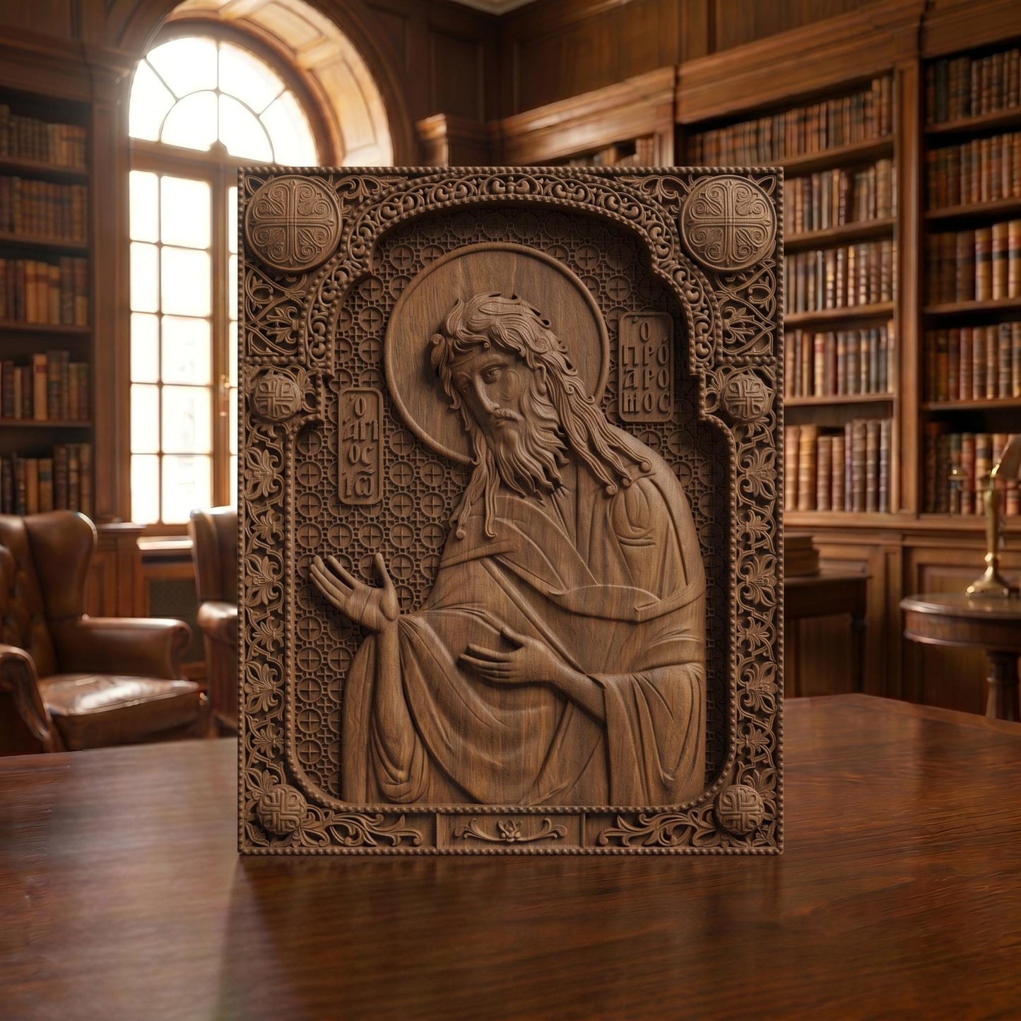 Saint John the Baptist Wooden Carved Handmade Christian Icon Patron Saint of Monastic Life Front Side Brown Oak Cretan Holy Carvings