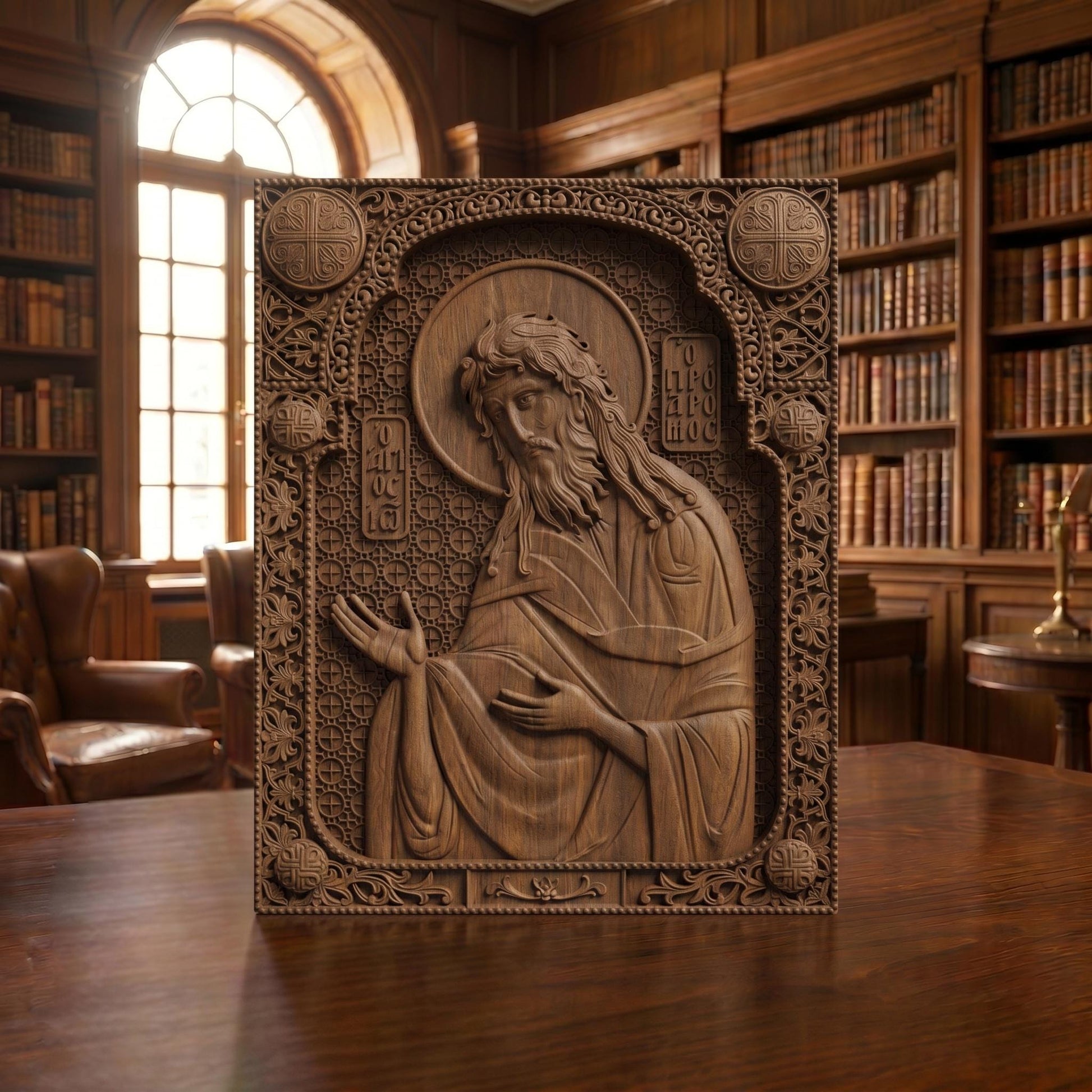 Saint John the Baptist Wooden Carved Handmade Christian Icon Patron Saint of Monastic Life Front Side Brown Oak Cretan Holy Carvings