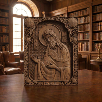 Saint John the Baptist Wooden Carved Handmade Christian Icon Patron Saint of Monastic Life Front Side Brown Oak Cretan Holy Carvings